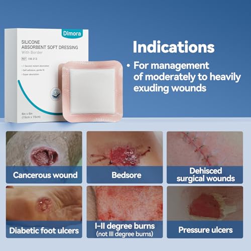 Dimora 20 Count Silicone Super Absorbent Wound Dressing 6" x 6" - Large Adhesive Bandage for Heavy Exudate, Border Wound Care Pads for Pressure Sore and Post-Surgical Incisions 6"x 6" - 20 pcs