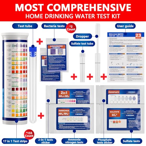 Water Test Kit for Drinking Water, 23-in-1 Water Test Strips for Tap & Well Water, Tests Hardness, Lead, Iron, Copper, Chlorine, Fluoride, pH, Nitrate & More, Fast Home Water Testing, 155 Strips 1