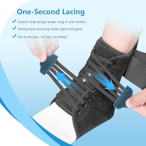 Quick-Lace Ankle Brace for Women & Men, with Side Stabilizers and Reflective Strap, Sport Injury Recovery Support for Basketball, Volleyball, Running, Ankle Sprain & Tendonitis, Size L Reflective Strips Version