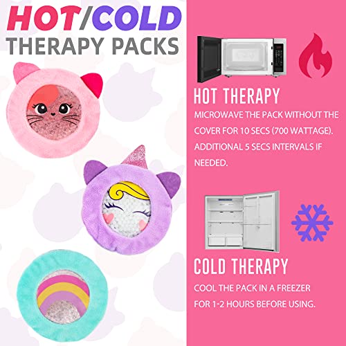 LotFancy Kids Ice Packs for Boo Boos, 3 Pack, Reusable Hot Cold Packs with Cute Plush Sleeves, Small Round Gel Pads for Injuries, Headache, Fever, Wisdom Teeth, Pain Relief, 4.75” Unicorn, Rainbow, Cat