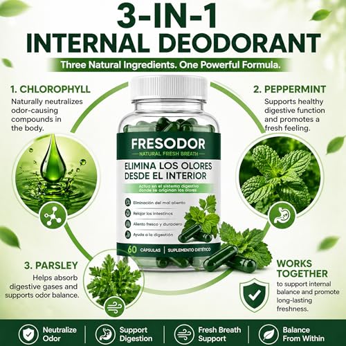 Fresodor para Mal Aliento, Internal Body Deodorizing Supplement with Chlorophyll, Peppermint, Parsley, Eliminate Bad Breath from Inside Out, Gut Health, Natural Fresh Breath Capsules, 60 Counts 1