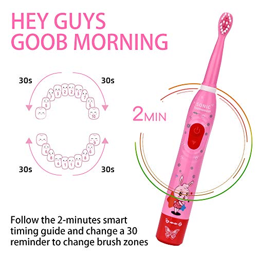OJV 8630 Kids Sonic Electric Toothbrushes & 2 Pack Replacement Toothbrush Heads (Pink)