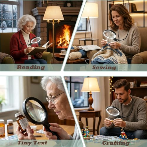Hands Free Neck Wear Magnifying Glass with 30 LED Lights, Full Book Page 5X/10X Rechargeable Reading Magnifier Flexible Gooseneck Magnifiers for Seniors, Low Vision, Sewing, Crafts & Close Work Black