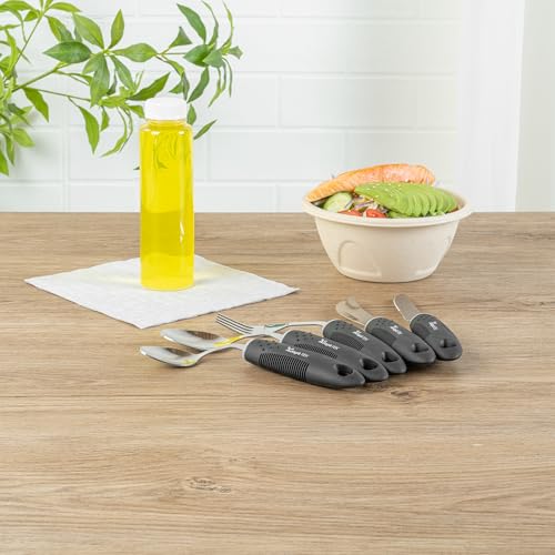 Restaurantware Adaptive Utensils - 1 count Stainless Steel, 9.84 x 5.12 x 1.57 Inches, Ergonomic Eating Aids, Non-Slip Utensil Set for Arthritis, Secure Grip Design, Black 5-Piece, Right Hand