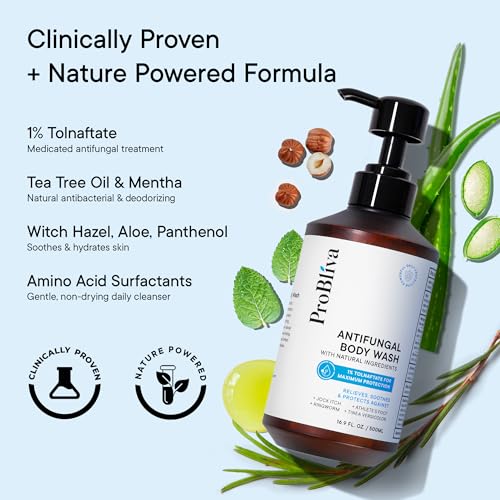 Antifungal Body Wash Treatment Soap – Antibacterial Wash for Jock Itch, Ringworm, Back Acne, Tinea & Foot Odor – Medicated Skin Relief Cleanser Gel with Tea Tree Oil & Tolnaftate for Men and Women