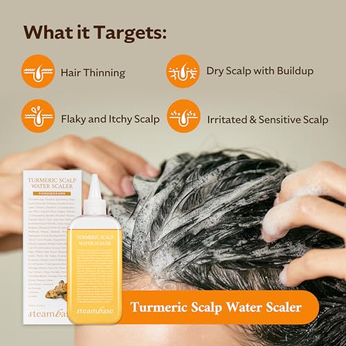 STEAMBASE Turmeric Scalp Water Scaler | Scalp Exfoliator for Itchy Dry Scalp, Thinning Hair, Buildup Remover, Treatment for Excess Sebum Oily Greasy Hair | Korean Hair Care Products, 8.45 fl oz Turmeric Scalp Water Scaler, 8.45 fl oz
