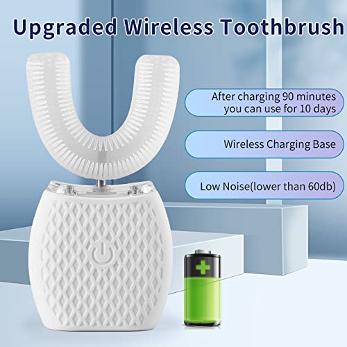 Ultrasonic Adult Electric Toothbrush，Sonic Toothbrush 360° Oral Cleaning Wireless Charging & LED Light|IPX7 Waterproof U-Shaped Brush Head Protects Gums White