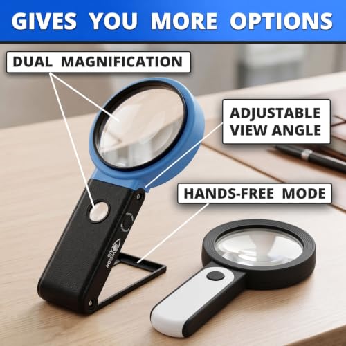 30x 10x VisionAid Hands-Free Magnifying Glass with Stand, Bright LED Light, Sturdy Storage Case - Handheld Magnifier for Reading Battery Powered - 36 Ultra Bright LED with Case