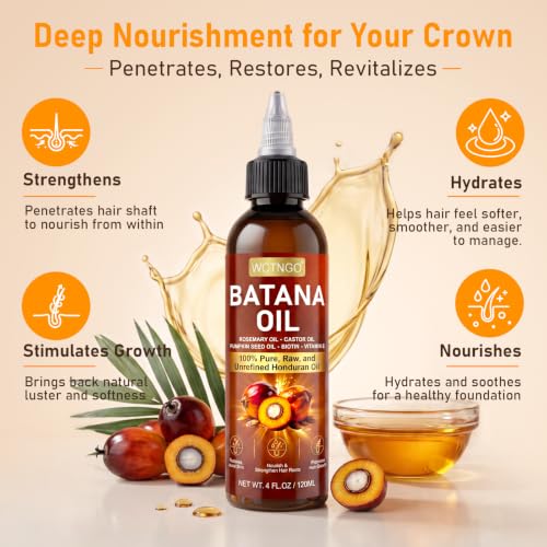 Batana Oil for Hair Growth–100% Pure Unrefined with Rosemary, Castor & Pumpkin Seed Oils, Infused with Biotin | Strengthens, Repairs Scalp, Nourishes & Reduces Hair Loss for Men & Women– 4 oz x 2 Pack