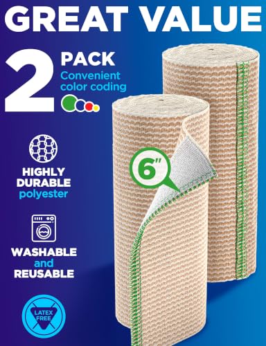 Premium Elastic Bandage Wrap - 6” (2pk) - Self-Closing Compression Bandage 2 Pack Elastic 6in