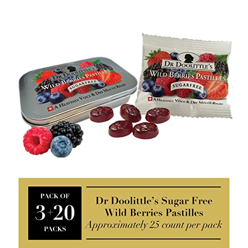 doolittle Dr Sugar Free Soft Fruit Pastilles for Voice and Throat, Wild Berries Flavor, Multipack of 2.12 Ounce Tin, 3 Pack and .33 Ounce Travel Size Bag, 20 Pack