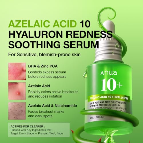 Anua Azelaic Acid 10 Hyaluron Redness Soothing Serum, 1.01 fl oz | Facial Serum for Blemish-Prone & Oily-Prone Skin, Lightweight & Hydrating Blemish Care, Hyaluronic Acid, Korean Skincare 1.01 Fl Oz (Pack of 1)