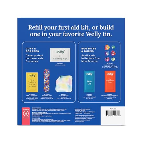 Welly First Aid Kit Refill Carton | Includes Individual Bandages, Cleansing Wipes, Antibiotic Packets, Burn Gel, Hydrocortisone Cream, and Bug Bite Relief Patches | 100 ct 100 Ct First Aid Refills