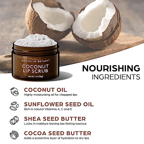 Brooklyn Botany Lip Scrub Exfoliator 1 oz – Lip Moisturizer for Dry Lips and Chapped Lips – Gentle Lip Exfoliator for Smooth and Brighter Lips – Coconut Flavor Coconut 1 Oz (Pack of 1)