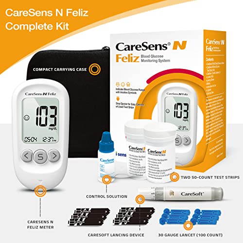 CareSens N Feliz Blood Glucose Monitoring Kit with 100 Blood Sugar Test Strips, 100 Lancets, 1 Blood Glucose Meter, 1 Lancing Device, 1 Control Solution, Travel Case for Diabetes Testing Kit for Personal Use