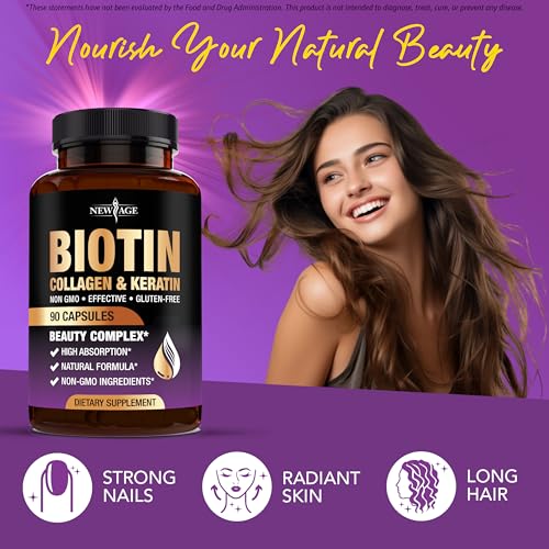 NEW AGE Biotin Collagen Keratin Hyaluronic Acid - 50,000mcg Hair Growth Vitamins for Men and Women, Nails, Hair, Skin Vitamins and DHT Blocker with Vitamin E Folic Acid Pumpkin Seed MSM- 180 Count 180 Capsules (Pack of 2)
