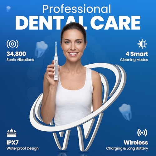 Soft Bristle Electric Toothbrush, Rechargeable with Wireless Charging by Puur Smile - 2 (Blue led) Brush Heads for Adults | 4 Cleaning Modes with Smart Timer, IPX7 Waterproof, Long-Lasting Battery