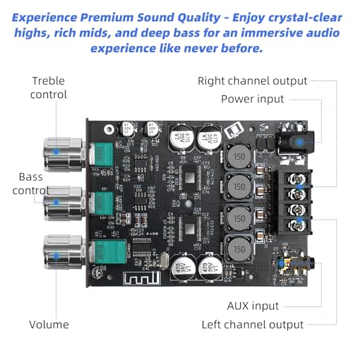 ZK-1002T Bluetooth 5.0 Stereo Amplifier Board, 200W HiFi 2.0 Channel Mini Audio Amp Module with Treble & Bass Control, AUX Input, DC 12V-24V for DIY Speakers,Home Audio ZK-1002T