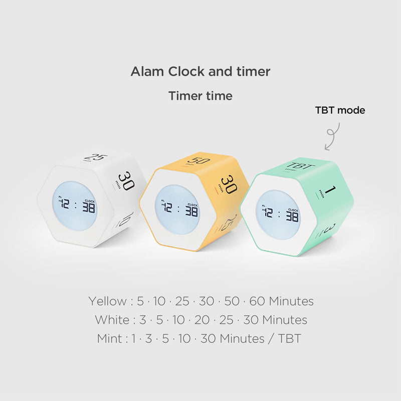 mooas Multi-Hexagon Clock Cube Timer, Digital Clock Time Timer, Pomodoro Timers, Backlit Display 12/24H Mode Count up & Countdown, Rotating Various time presets ideal for Classroom Gym Kitchen (White) White, Mint, Yellow