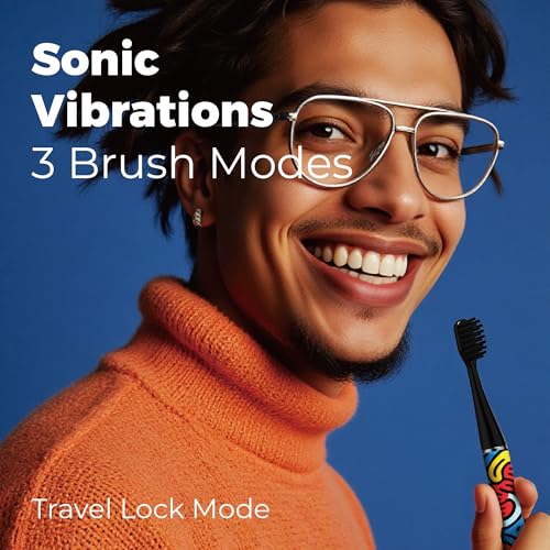 MIPOW Brush GO SlimPro i4 Electric Toothbrush Rechargeable Smart Ultra Sonic 3 Modes, Travel Case & Ceramic Dock, 60Day Battery Soft Bristles 2 Heads IPX7 Waterproof, Color-Popart Edition