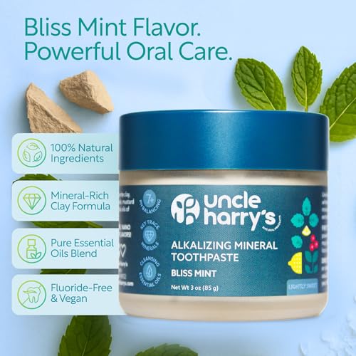 Uncle Harry’s Natural Products Bliss Mint Toothpaste 2 Pack (3 oz) – Alkalizing Mineral Tooth Powder, Fluoride-Free Natural Oral Care, Fresh Breath, Supports Healthy Teeth & Gums, Herbal Formula