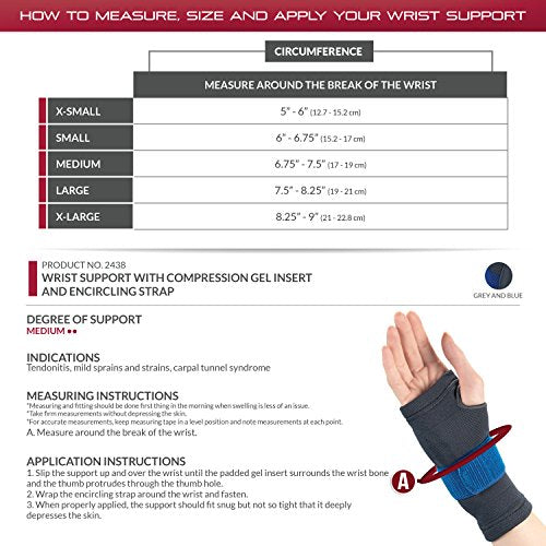 OTC Wrist Brace, Compression Recovery, Gel Insert, Encircling Strap, Gray (Right Hand), Small