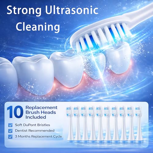 2 Pack Electric Toothbrush for Adults, Travel Electric Toothbrush Includes 10 Replacement Brush Heads, 5 Modes, 2 Hours Charge for 45 Days (White & Pink)