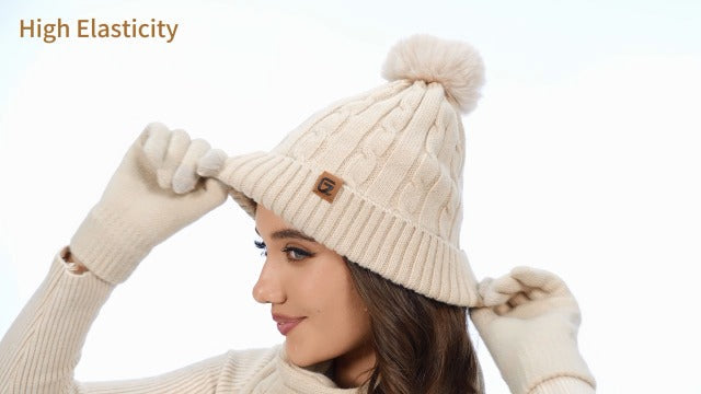 GADIEMKENSD Winter Beanie Scarf Gloves Set, Keeping Warmth, Cable Knit Design, Sensitive Touchscreen Fingertips Beige