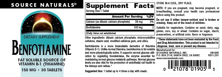 Source Naturals: Benfotiamine, Fat Soluable Source of Vitamin B-1 (Thiamine) 150 mg 30 Tablet 30 Count (Pack of 1)