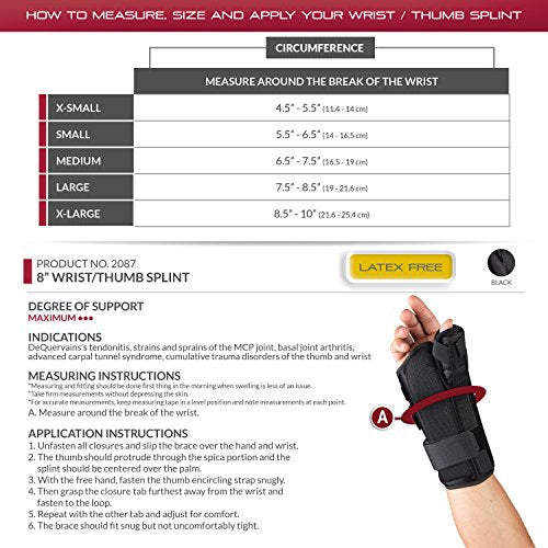 OTC Wrist-Thumb Splint, 8-Inch Adult for Men and Women, Lightweight Breathable, Black, Large Large (Pack of 1) 8 Inch (Left Hand)