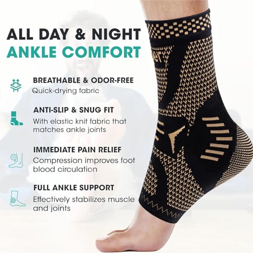 INDEEMAX Ankle Brace for Sprained Ankle Compression Sleeve, 2 Pack Copper Infused Ankle Support Brace for Women & Men, Plantar Fasciitis Relief Achilles Tendonitis, Sports Running, Copper Black, L Large