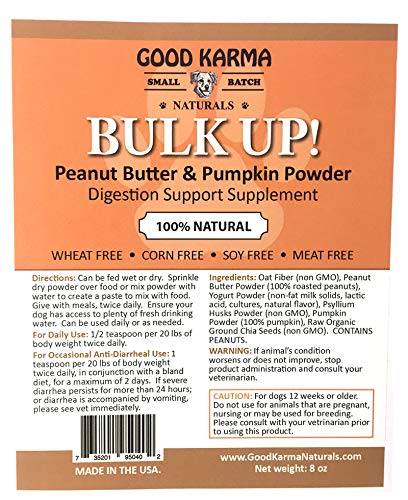 All Natural Digestion Support, Diarrhea Relief & Anal Gland Health Supplement for Dogs - Good Karma Naturals Bulk Up 100% Natural Dog Digestive Fiber Pumpkin Powder (8oz Bag) - PawsPlanet Australia