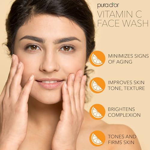 PURA D'OR Vitamin C Face Wash (8oz x2 = 16oz) Antioxidant Rich Facial Cleanser For Radiant Glow & Even Skin Tone - Gentle, Refreshing, Nurturing, Hydrating, Sulfate & Paraben Free Formula Citrus 8 Fl Oz (Pack of 2)