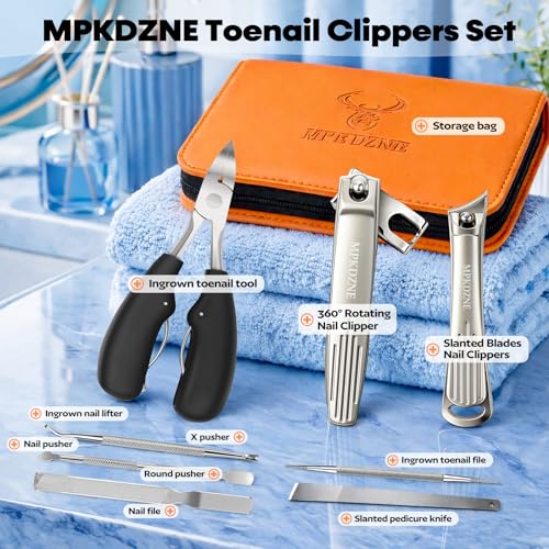 8-in-1 Heavy Duty Toenail & Fingernail Clippers for Seniors Men with Thick & Ingrown Nails - Manicure Pedicure Kit with 360° Swivel Head - Professional Wide Jaw Podiatrist Tools
