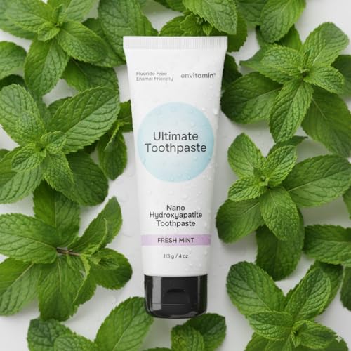envitamin Fluoride Free Nano Hydroxyapatite Ultimate Toothpaste for Remineralizing Enamel & Sensitive Relief, Whitening, Antiplaque, SLS Free, Fresh Mint, 4 oz (3 Tubes, Fresh Mint) 4 Ounce (Pack of 3)