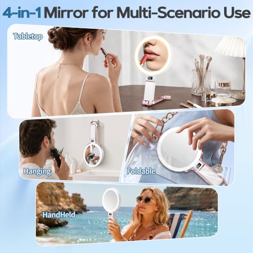 30X Travel Magnifying Mirror with Light, Height Adjustable Vanity Mirror with Phone Holder Stand, Portable Compact Handheld Makeup Mirror with Smart Display for Travel, Daily Makeup Use, Rosegold