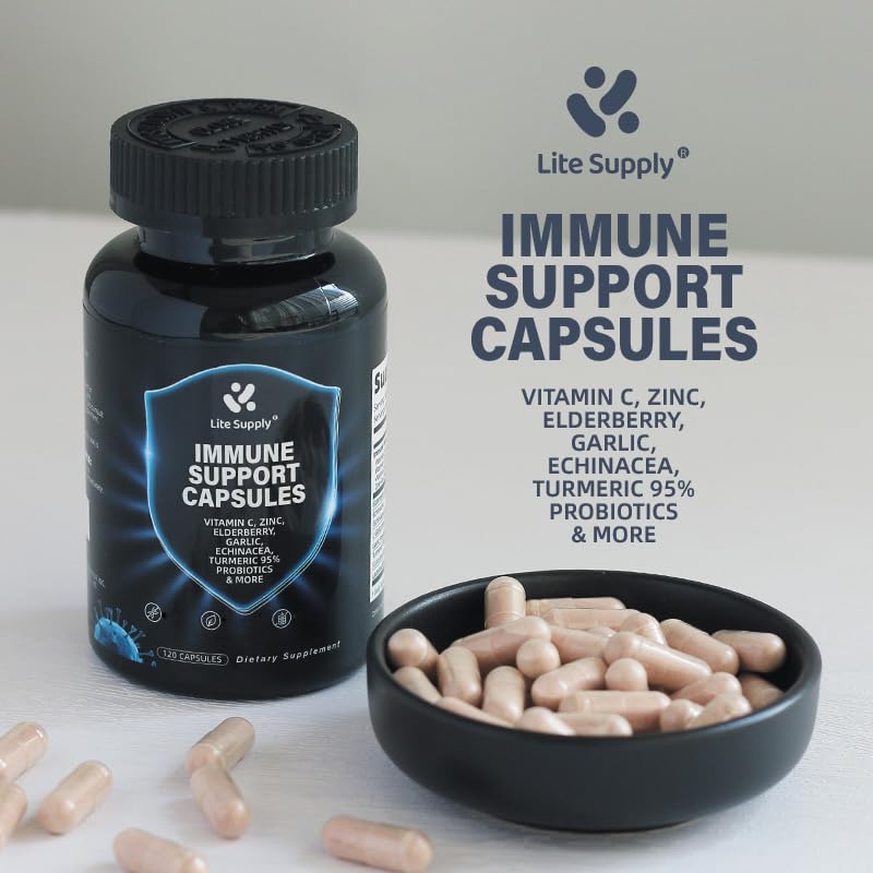 Immune Support Capsules, 10-in-1 Powerful Blend of Vitamin C, E, B6, Zinc, Elderberries, Garlic Bulb, Echinacea, Turmeric Advanced, Immune Defense for Adults