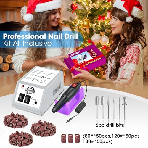 LAVAED Professional Electric Nail Drill Machine Kit - Low Noise Vibration with 156pcs Sanding Bands for Acrylic Nail Drill, Gel Art Remover, Polisher, Manicure, Pedicure Pale Grey