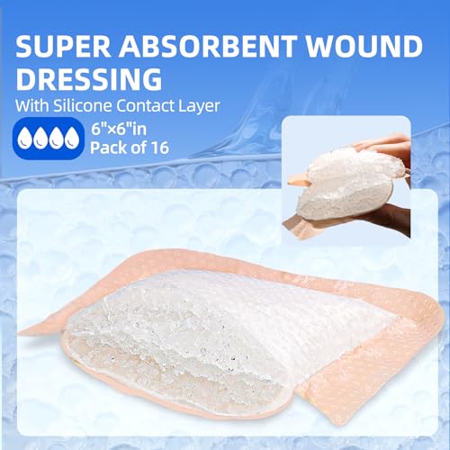 Niceful Super Absorbent Silicone Wound Dressingm Large Bandages 6"x6" 16Pcs 6"x 6"(16 PCS) Self-Adhesive