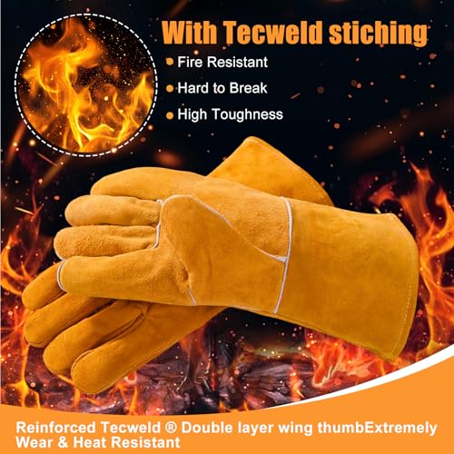 14IN Welding Gloves 932℉ Fire & Heat Resistant - Premium Leather Forge Gloves for Welder, Blacksmith, Fireplace, Wood Stove, Fire Pit, Grilling, Furnace 14IN Brone