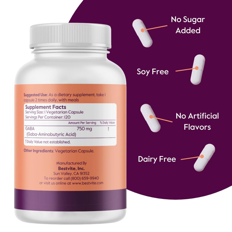BESTVITE GABA 750mg per Capsule (240 Veg Caps) (120 x 2) - No Fillers | No Stearates - Vegan - Gluten Free - Non GMO - Gamma-Aminobutyric Acid - Neurotransmitter Support* 240 Count (Pack of 1)