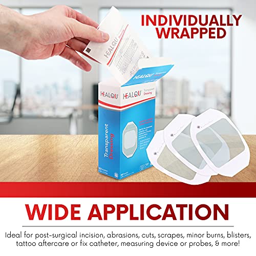 Transparent Film Dressing 4" x 4.75" (10 Pack) - Waterproof Adhesive Wound Bandages for Post-Surgical Shower, IV Shield, Tattoo Aftercare, Clear Breathable Dressing Patches by HEALQU 4"x4.7" (10 Pack)