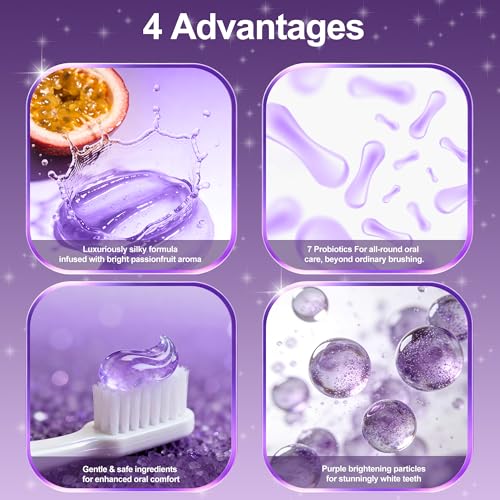 7-Pro Whitening Toothpaste with 7 Probiotics, Advanced Stain Removal Formula for Gum Health, Purple Burst Beads for Fresh Breath, Fluoride-Free & Enamel Safe (3 PCS)