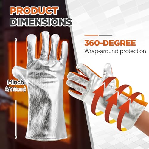 Kingdder High Temperature Aluminized Welding Gloves Heat Resistant 14 Inch Long Safety Work Glove for Smelting Metal Industry