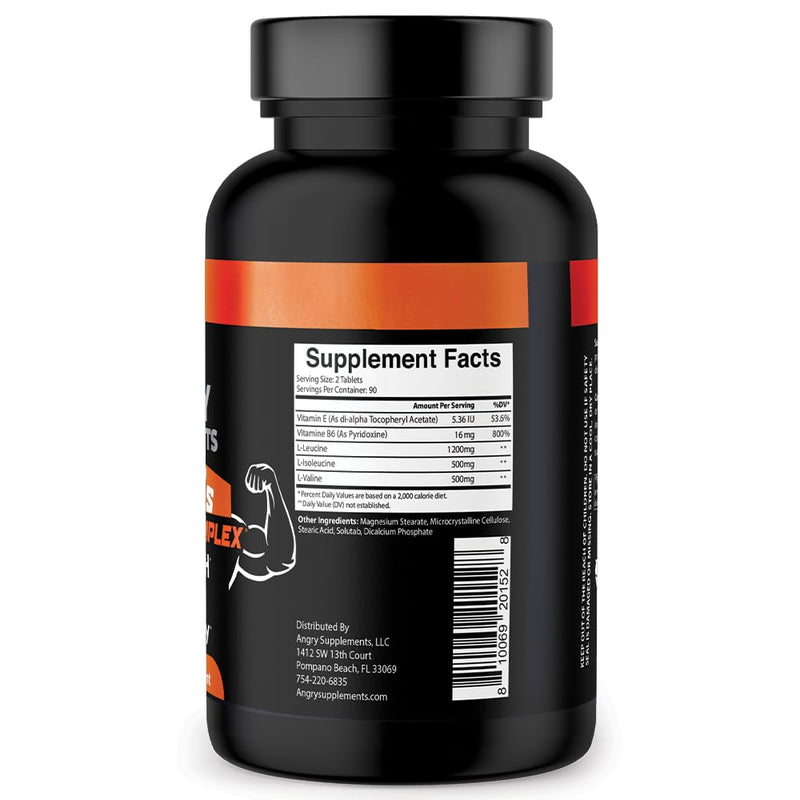 Angry Supplements BCAA Amino Acid Complex Tablets for Workout Recovery, Strength, & Repair with L-Leucine, L-Isoleucine, L-Valine, Vitamin B6, and Vitamin E, (1-Bottle 180ct) 180 Count (Pack of 1)