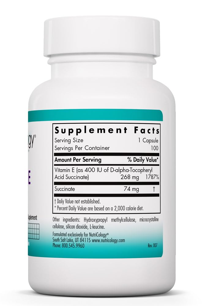 Nutricology Vitamin E Succinate 400 IU, 100 Capsules | 400 IU d-Alpha-Tocopheryl Succinate Dry Powder for Antioxidant and Energy Support, Hypoallergenic Formula