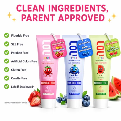 LOL! Kids Toothpaste 3 Pack – Strawberry, Blueberry & Watermelon | Fluoride Free Kids Toothpaste with Nano Hydroxyapatite & Oral Probiotics | Natural Toothpaste for Kids, Safe & Gentle