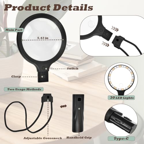 Hands Free Neck Wear Magnifying Glass with 30 LED Lights, Full Book Page 5X/10X Rechargeable Reading Magnifier Flexible Gooseneck Magnifiers for Seniors, Low Vision, Sewing, Crafts & Close Work Black