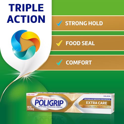 Poligrip Extra Care Denture Adhesive Cream, 2.2 oz (4 Pack) 2.2 Ounce (Pack of 4)