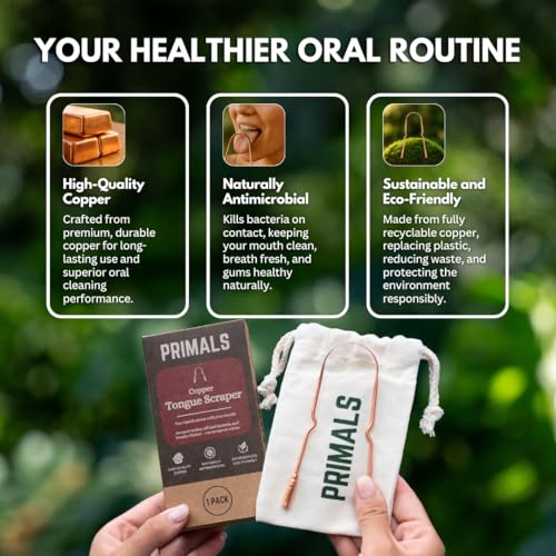 PRIMALS Copper Tongue Scraper - Fresher Breath & Improved Oral Health - Natural Ayurvedic Cleaner for Daily Detox - Rust-Resistant, Eco-Friendly with Travel Cloth Pouch Included (1 Count)